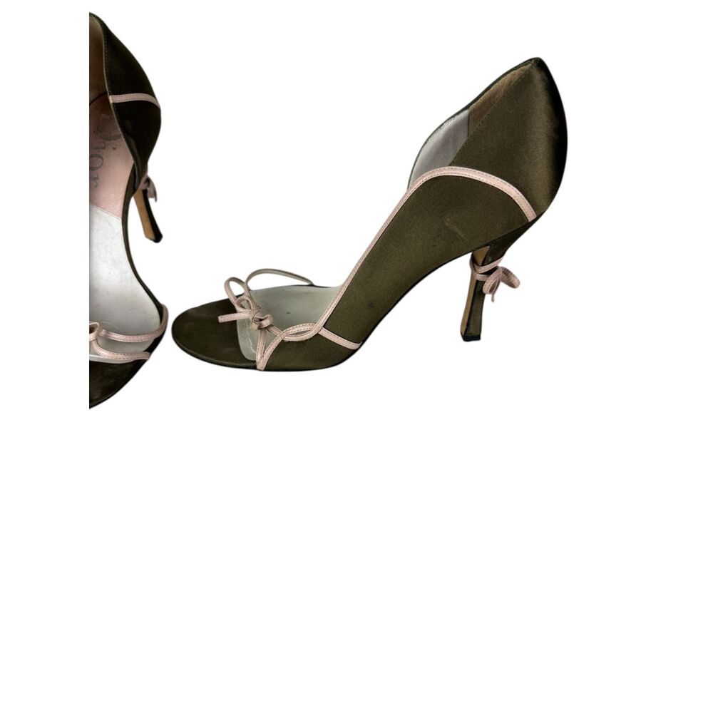 Christian Dior Kaki & Rose Couture Satin Heels Bow Size 37.5 US 7 Green Pink - Picture 5 of 10
